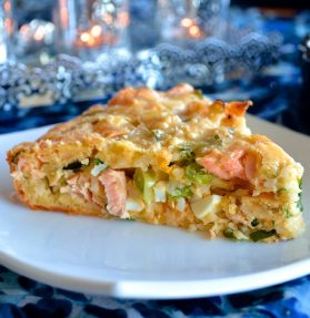 Slice of salmon and rice pie