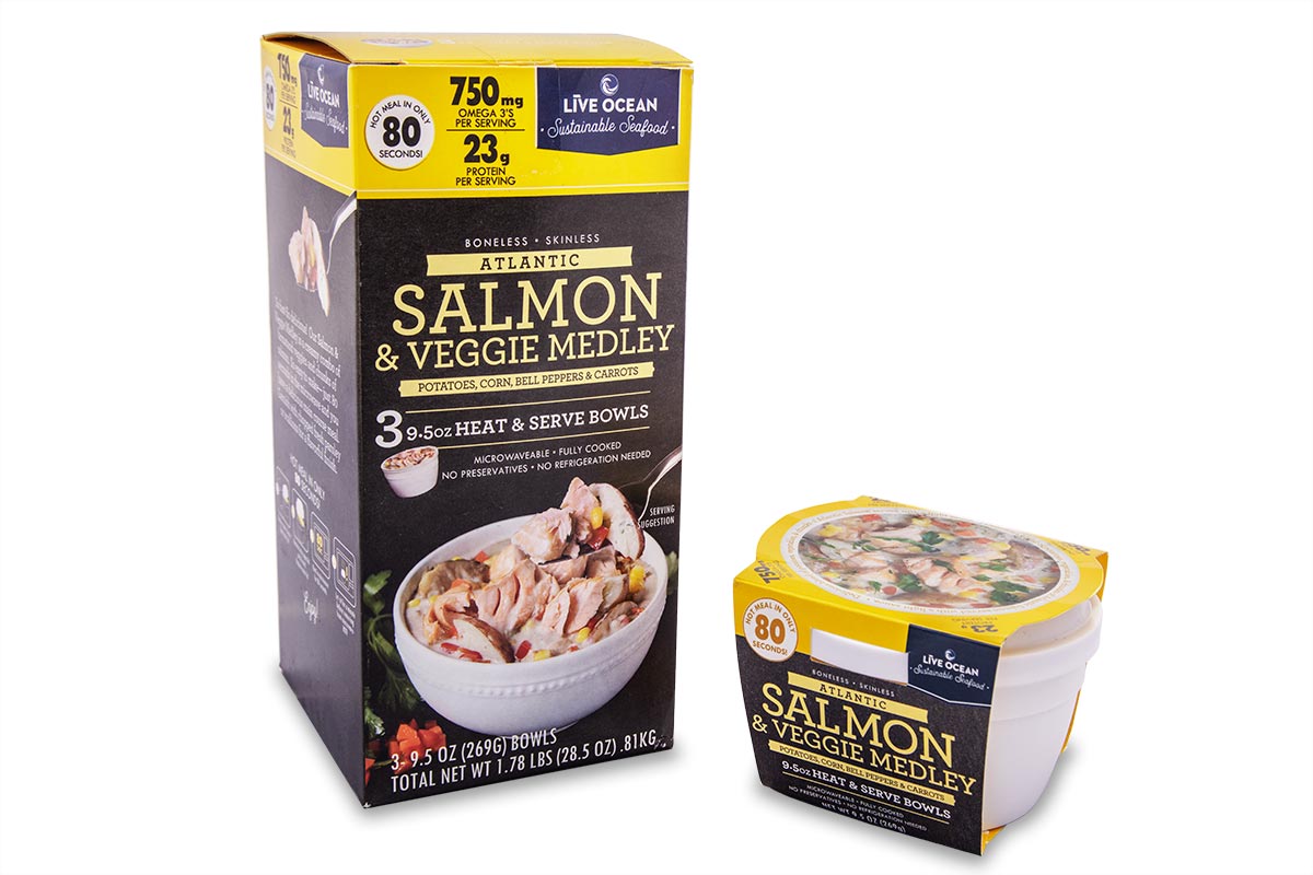 Live Ocean Salmon Veggie Medley - pack of 3 x 9.5oz heat and serve bowls